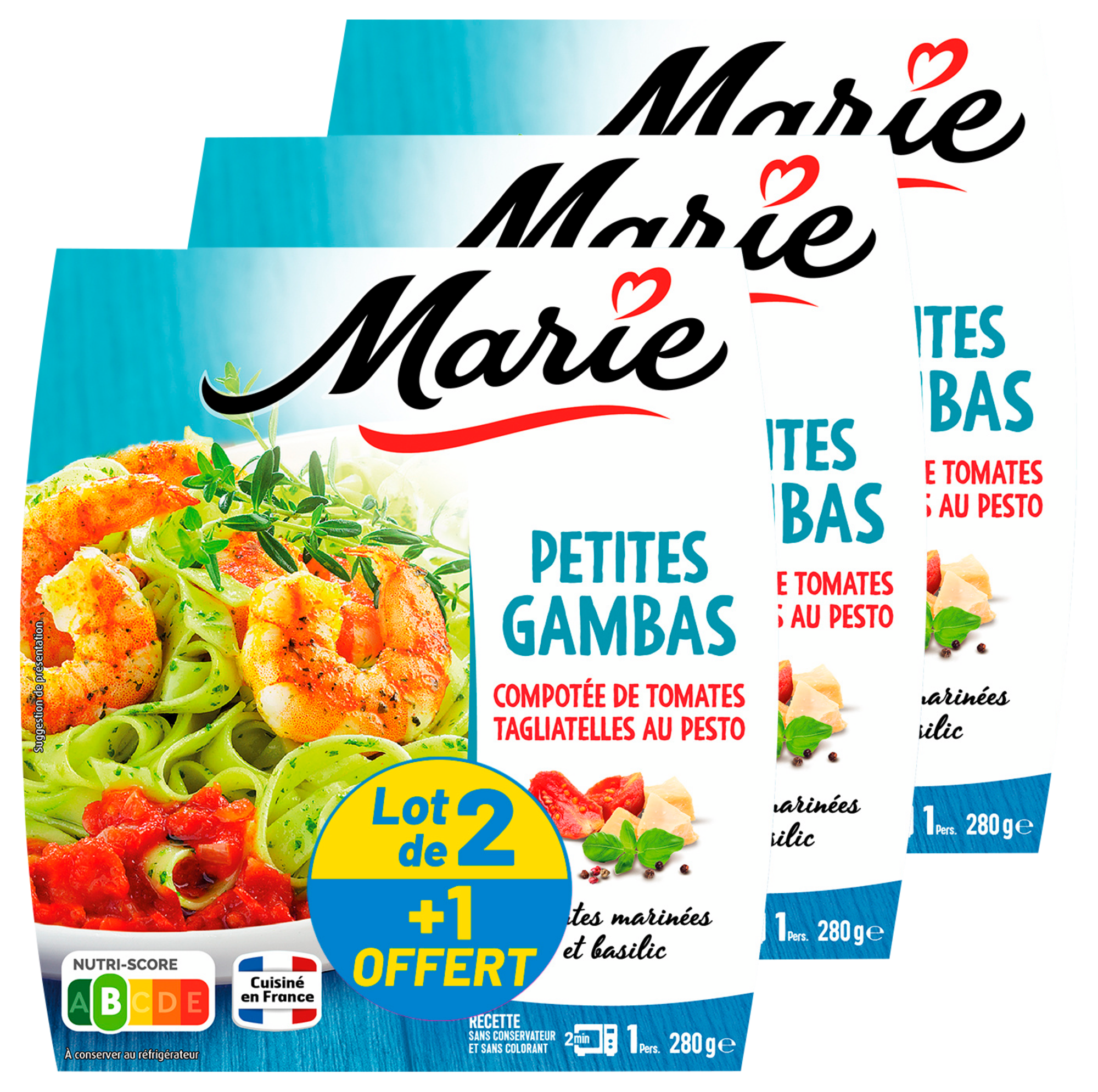 MARIE Petites gambas, compotée de tomates, Tagliatelles au pesto