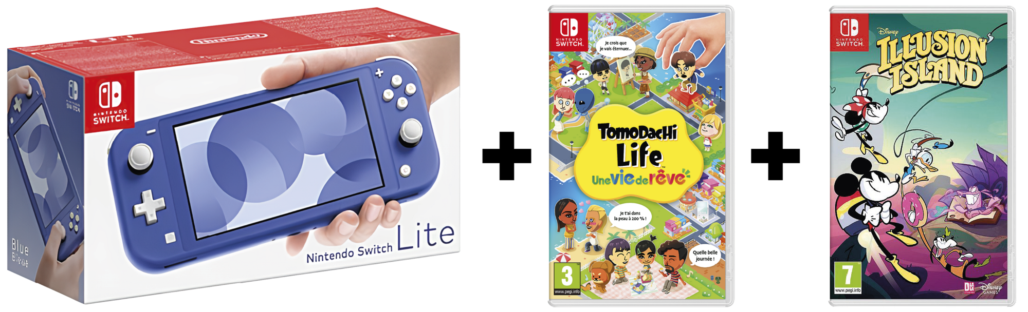 CONSOLE SWITCH LITE + TOMODACHI LIFE UNE VIE DE RÊVE + DISNEY ILLUSION ISLAND SWITCH